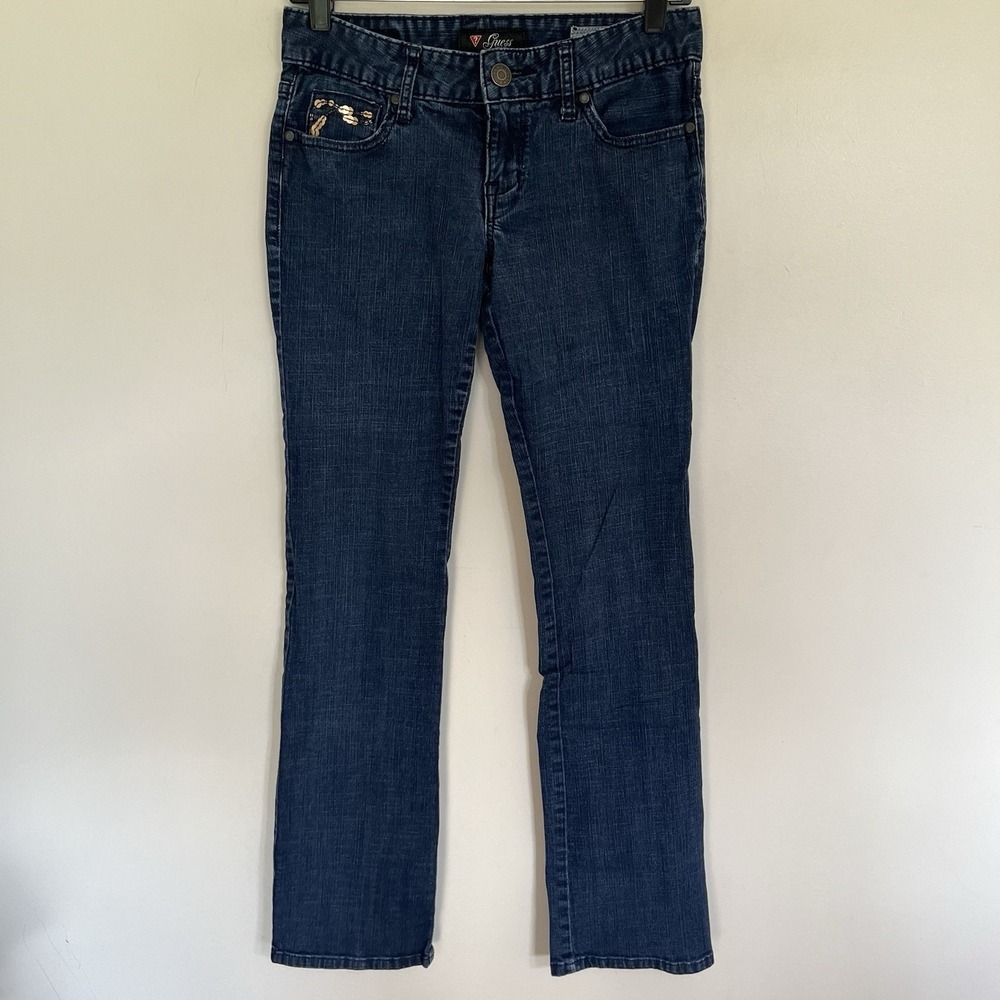 Guess Low Slim Straight Jeans Dark Wash Sequin Back Pocket Denim Blue Womens